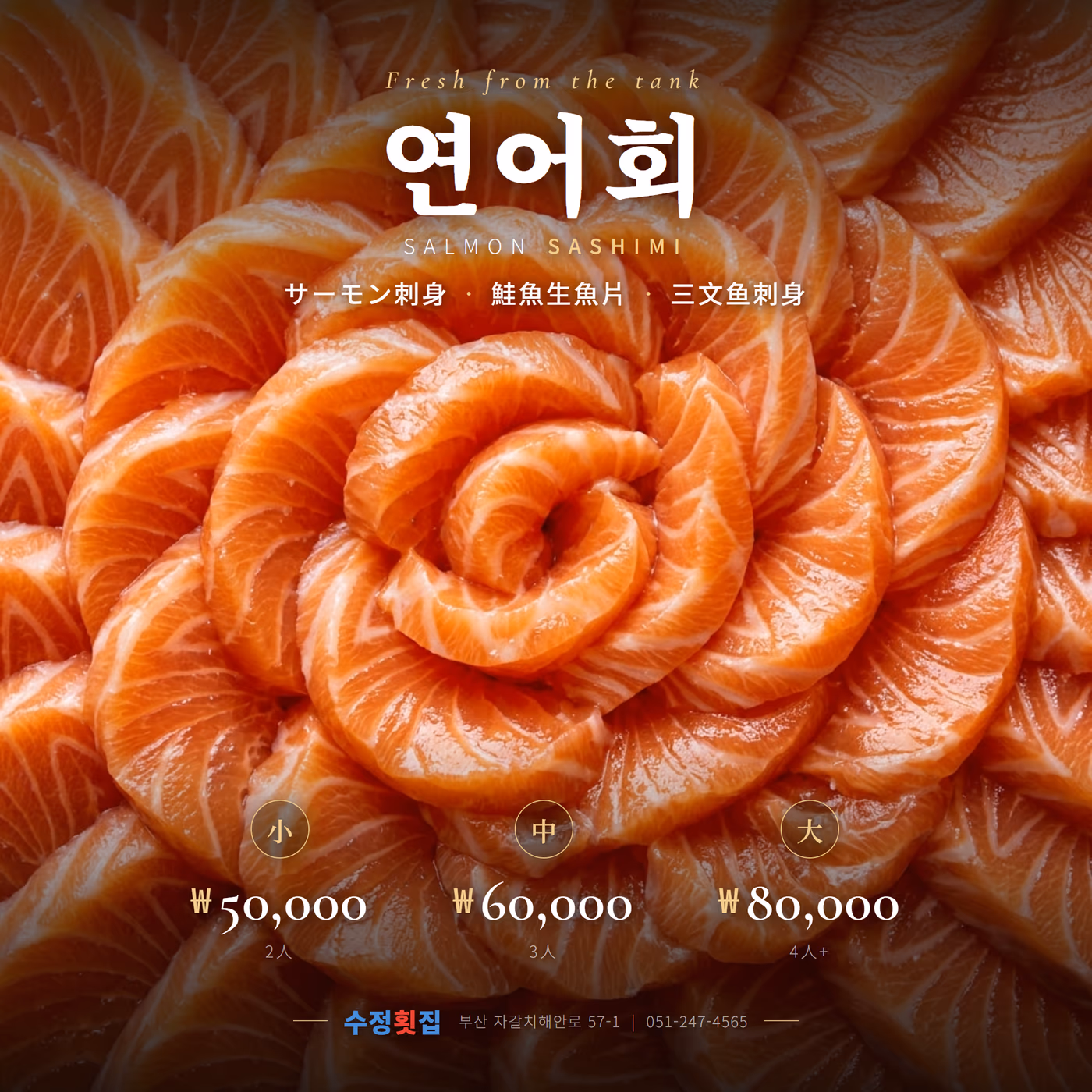 연어회 메뉴판, 소 5만원 · 중 6만원 · 대 8만원, 수정횟집 연어 사시미